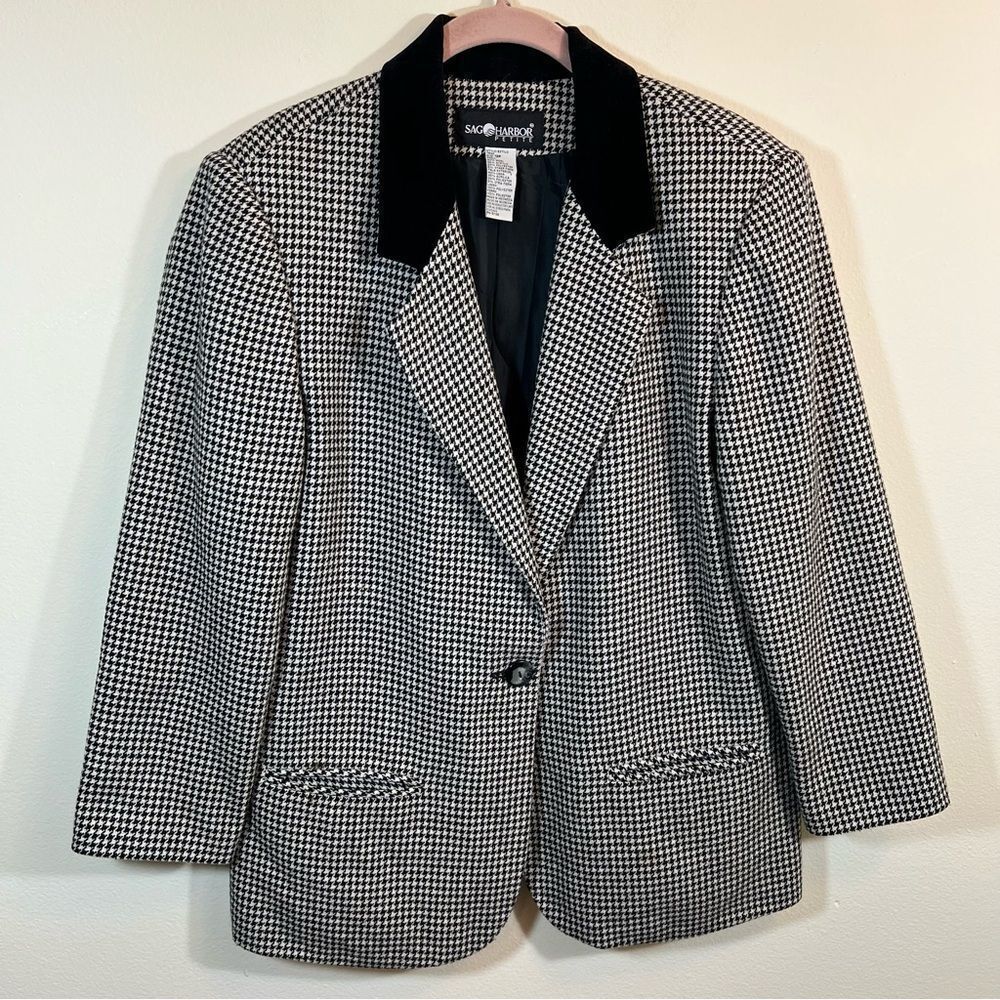 Vintage Sag Harbor Black White‎ Houndstooth Velvet Collar Blazer 12P Academia
